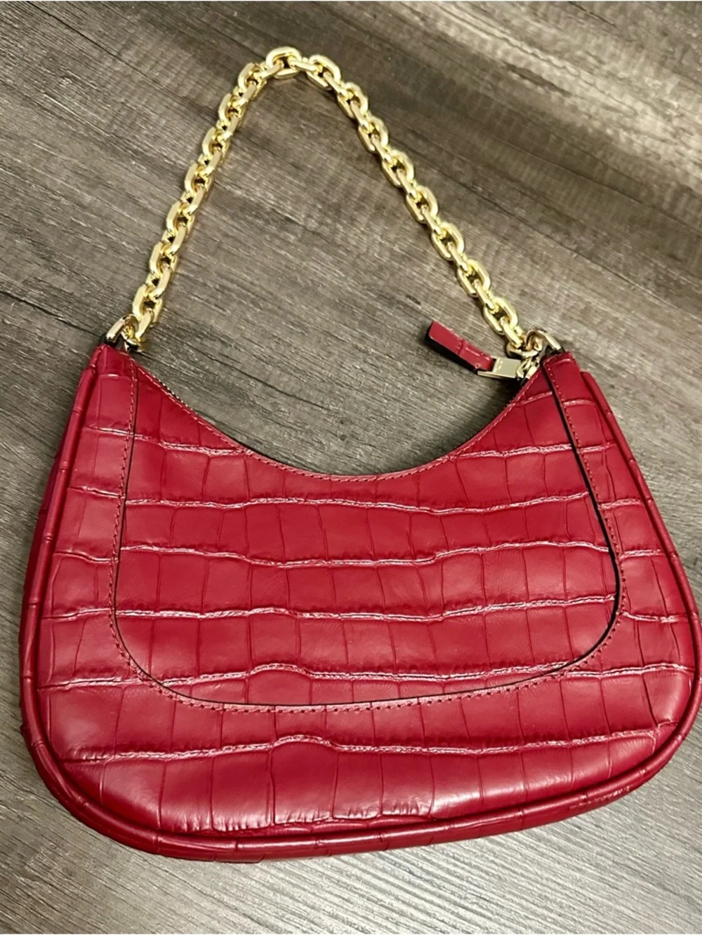 Red Croc-Embossed Chain Handle Shoulder Bag